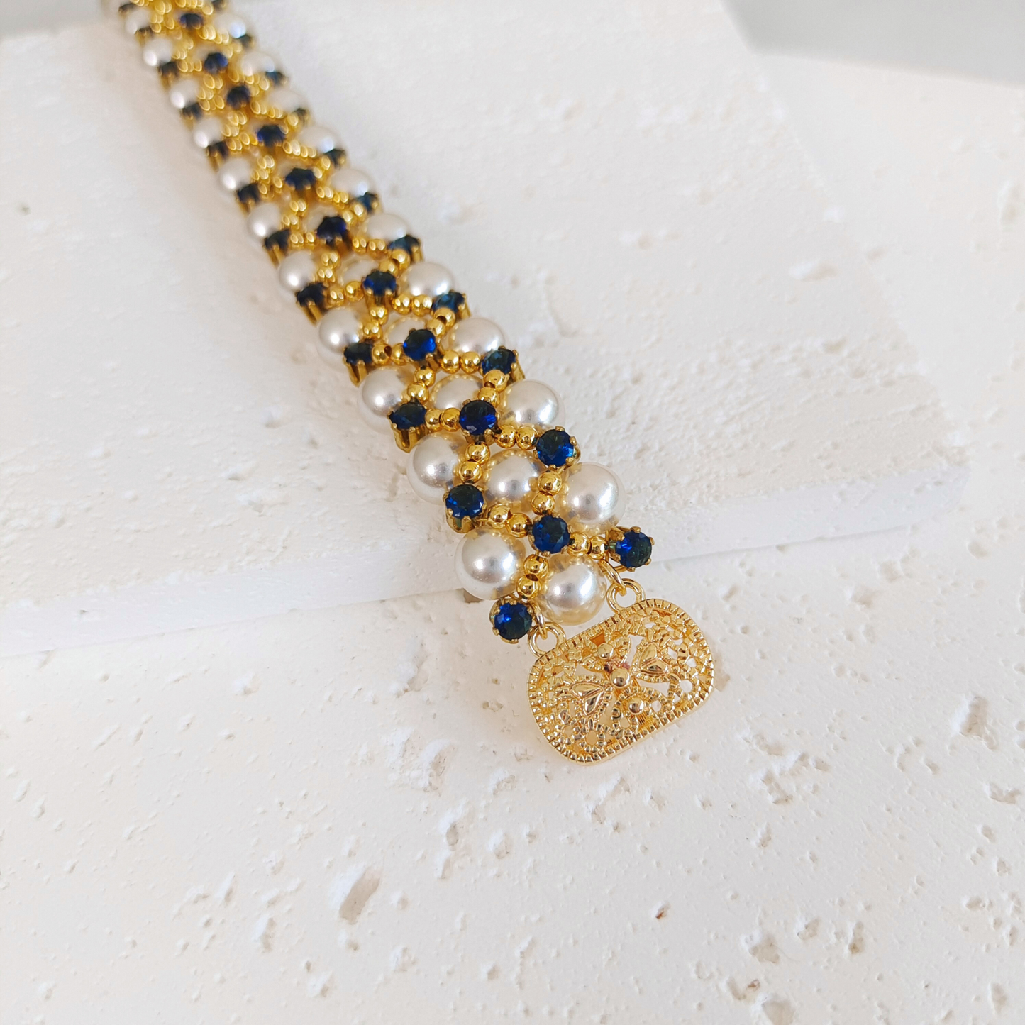 No.45 Handmade Beaded Bracelet – Blue Phantom Design with Pearl & Gold Accents