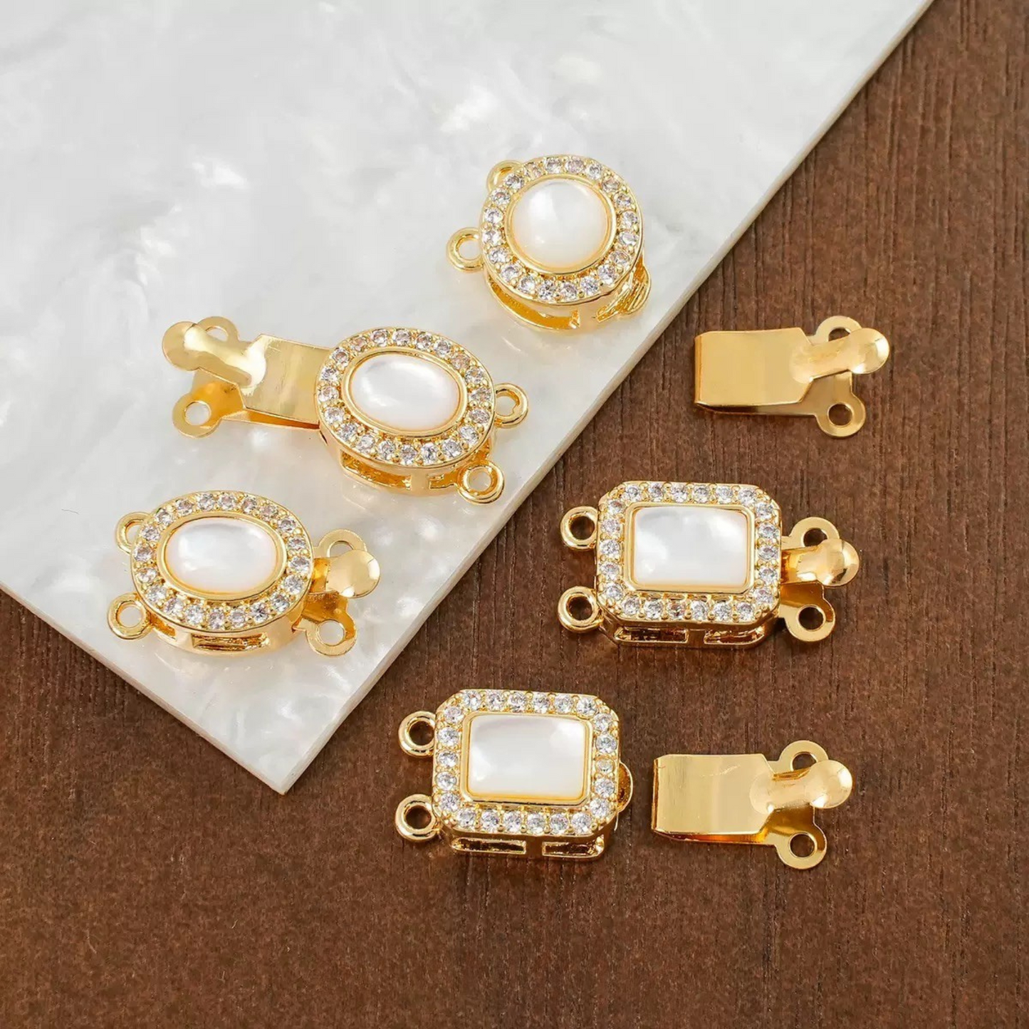 【B06】White Jade Insert Clasp – Double Hole, 18K Gold/Silver Plated, Round/Oval/Square – DIY Jewelry Connector