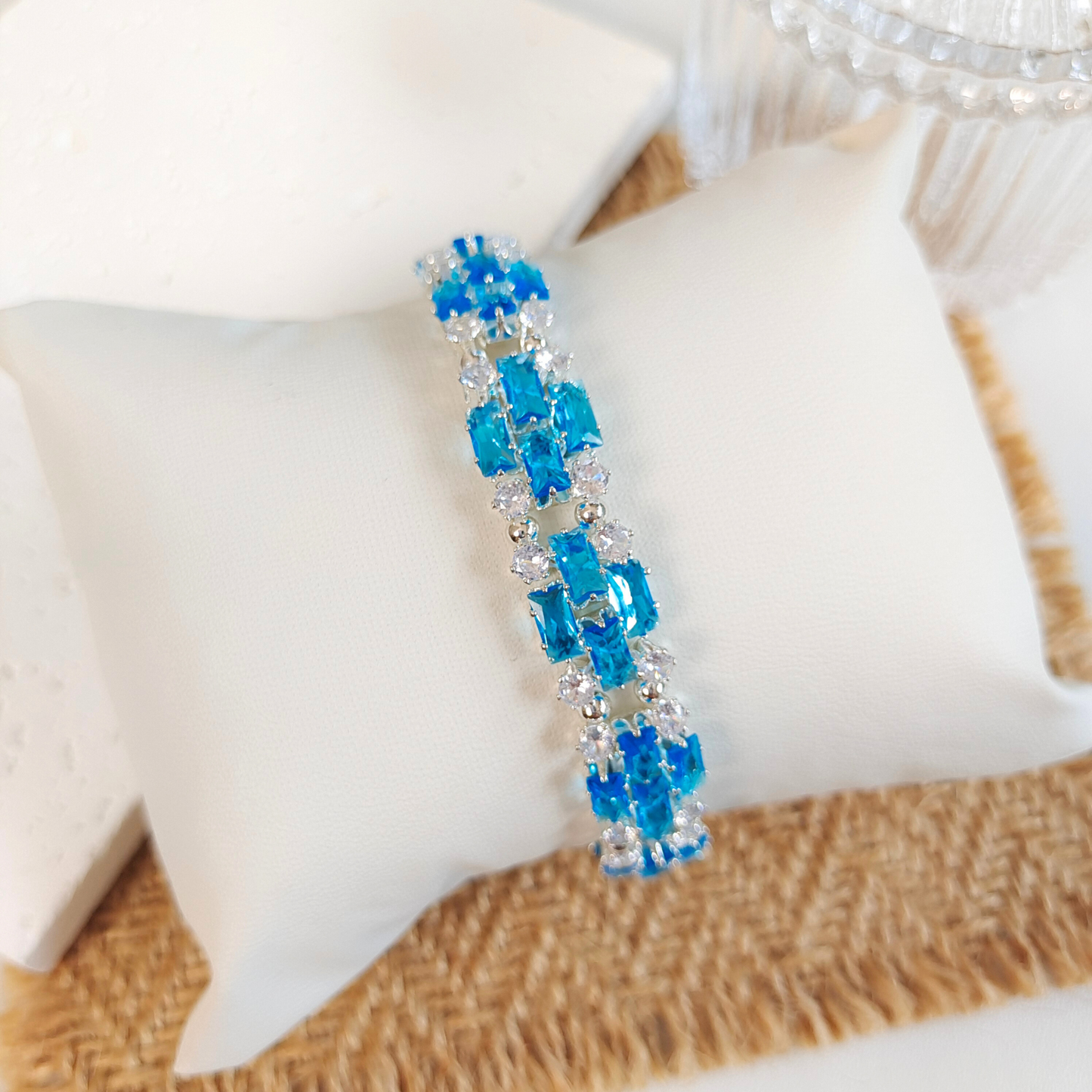 No.38 Handmade Bracelet – Smurf Blue Baguette Zircon & Crystal Bead Bracelet