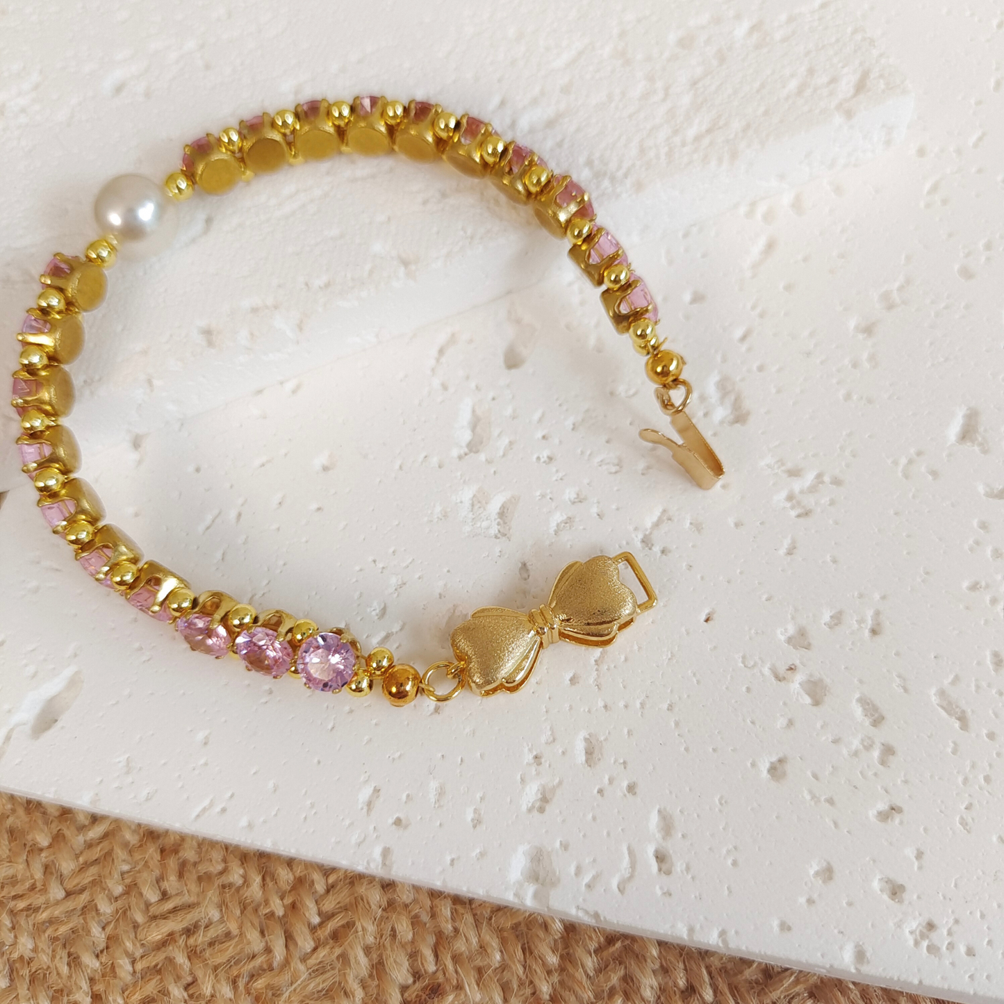 No.15 Lady Pink DIY Bracelet Kit with Pink Zircon and Pearl – Gold Bow Clasp