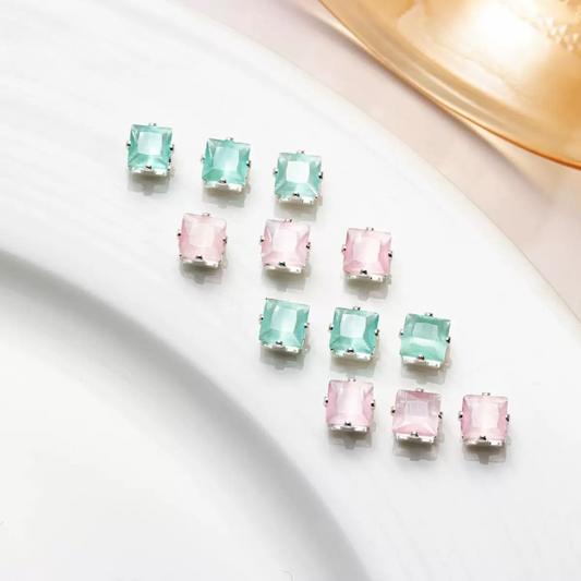 【C02】50pcs Aurora Cat’s Eye Square CZ Beads – 4×4 mm Silver-Plated Prong-Set, DIY Jewelry Supplies