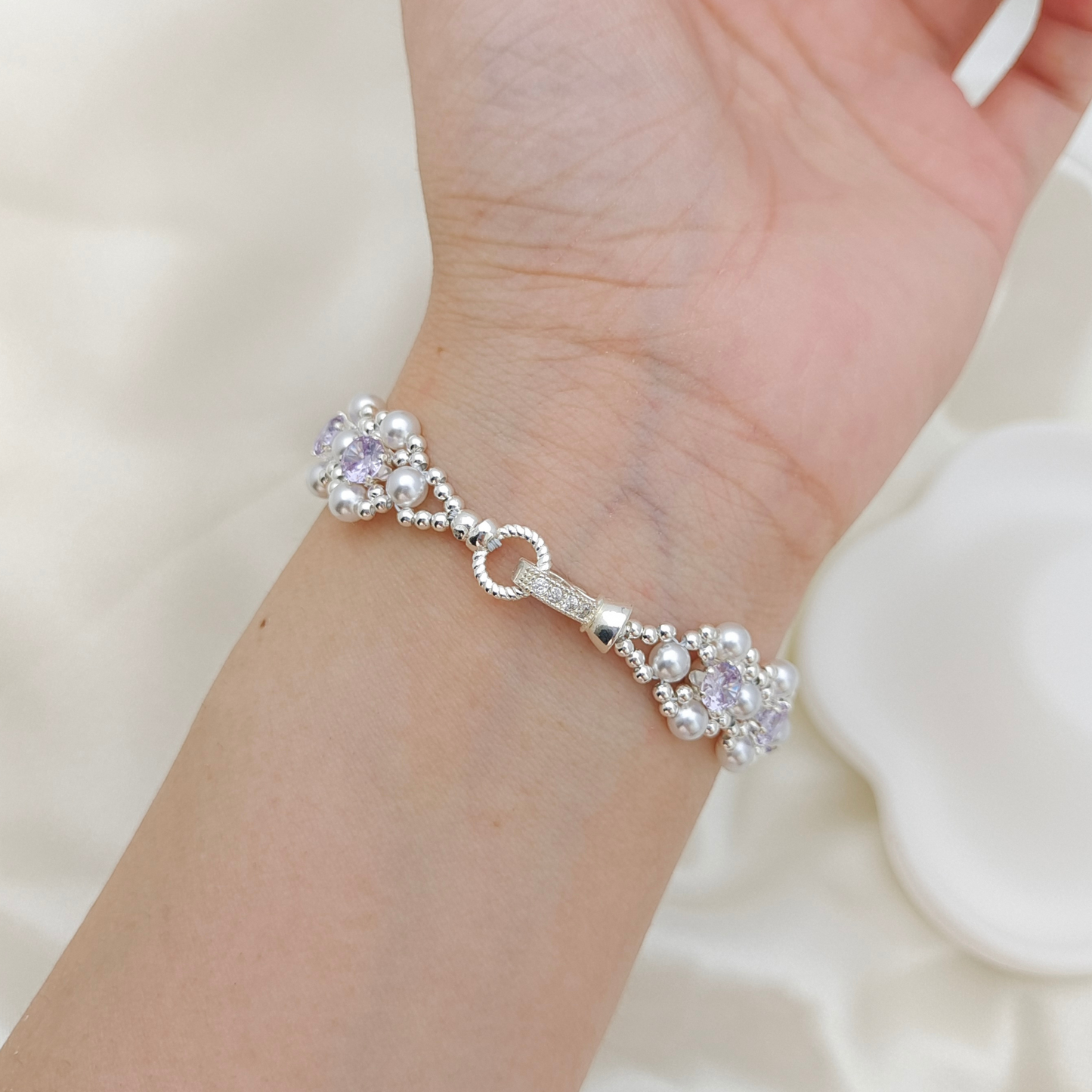 No.62 LilacPearl Handmade Bracelet – Purple CZ, Imitation Pearl, Silver Seed Beads