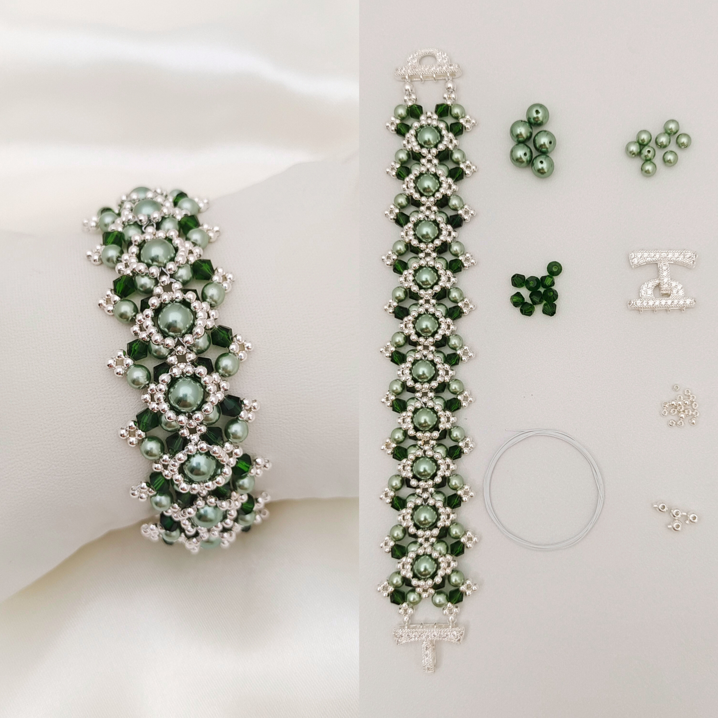 No.58 Vintage Peacock Green DIY Bracelet Kit No.53| Pearl & Crystal | Includes Tutorial