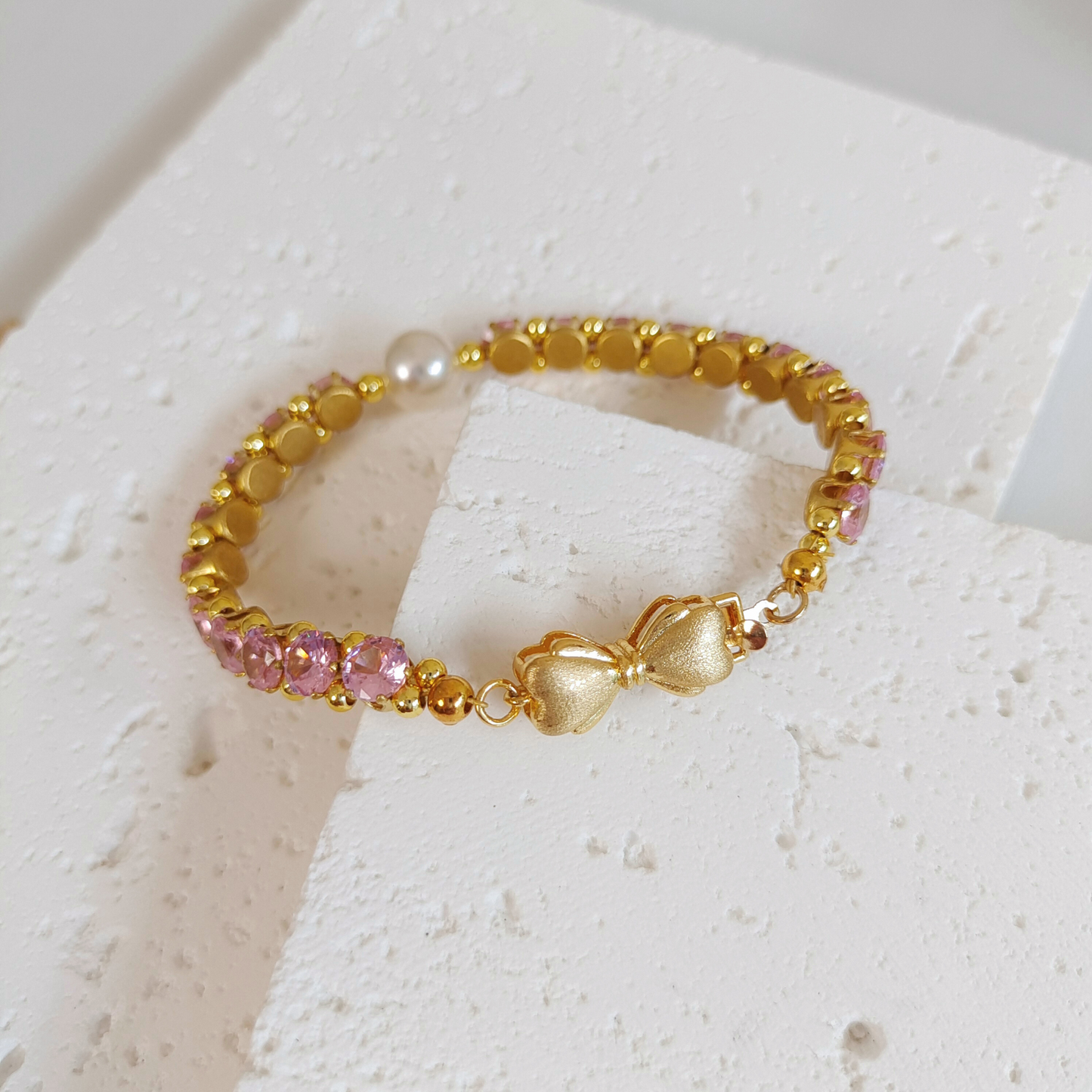 No.47 Lady Pink Handmade Bracelet with Pink Zircon and Pearl – Gold Finish