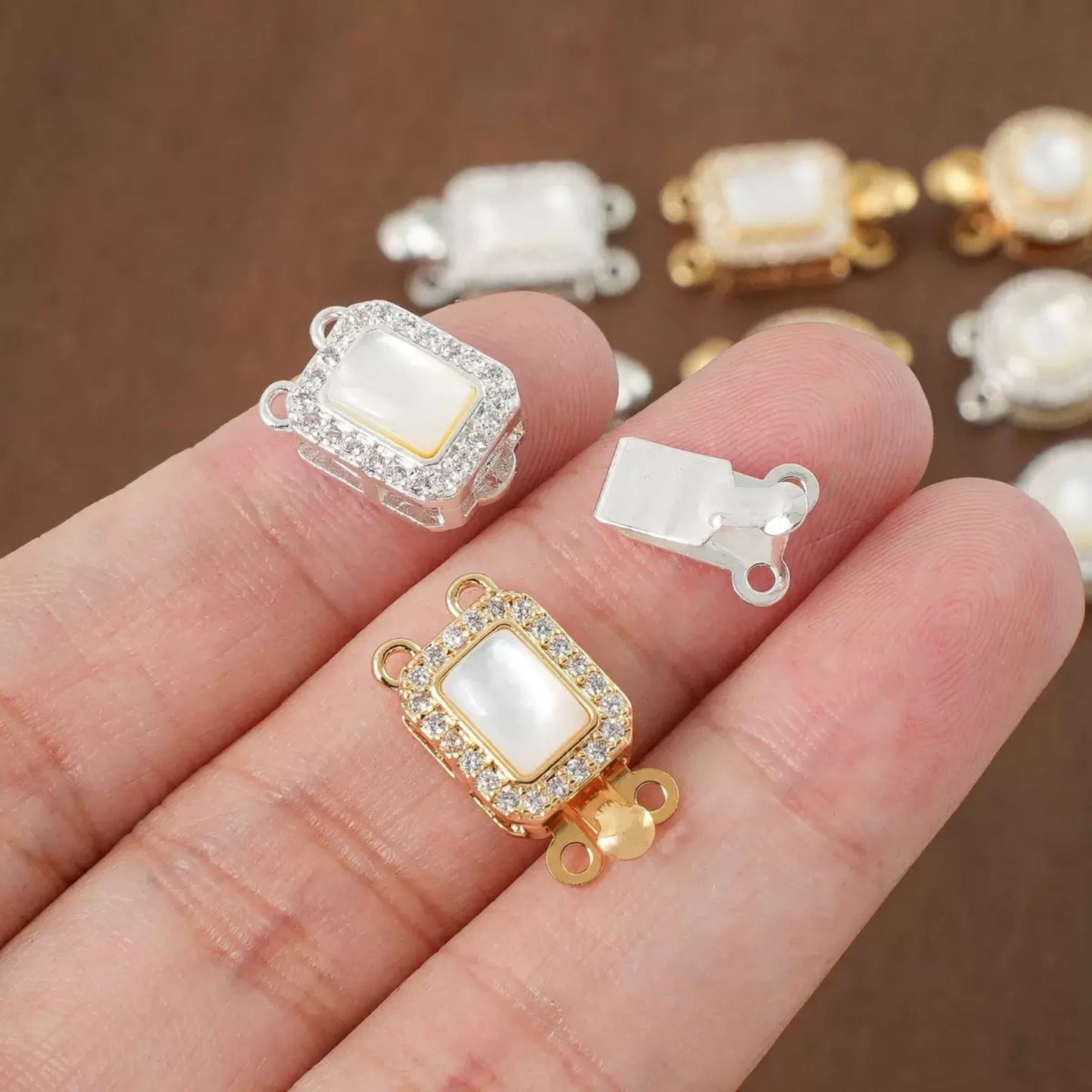 【B06】White Jade Insert Clasp – Double Hole, 18K Gold/Silver Plated, Round/Oval/Square – DIY Jewelry Connector
