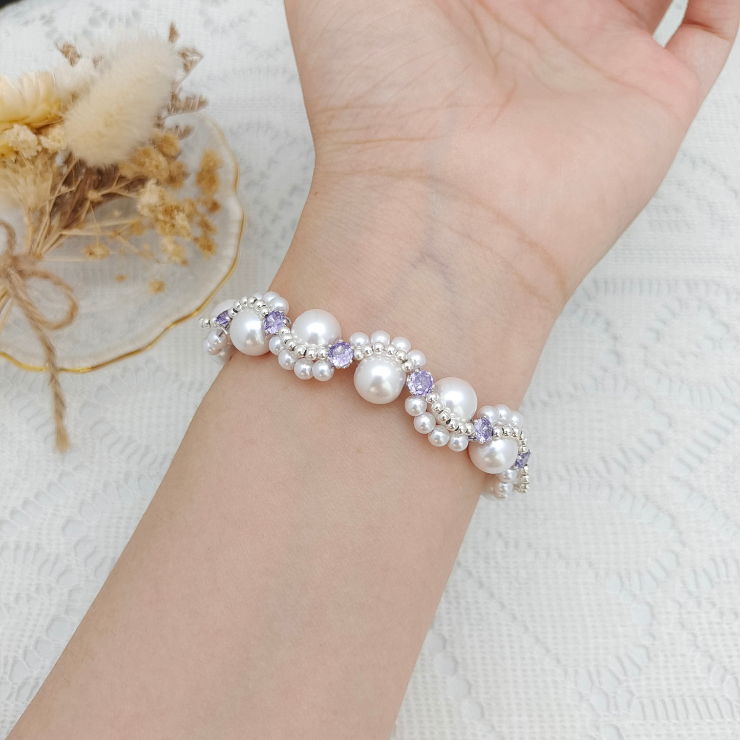 【No.65】DIY Bracelet Kit – Nebula with 8mm Pearls & CZ Beads