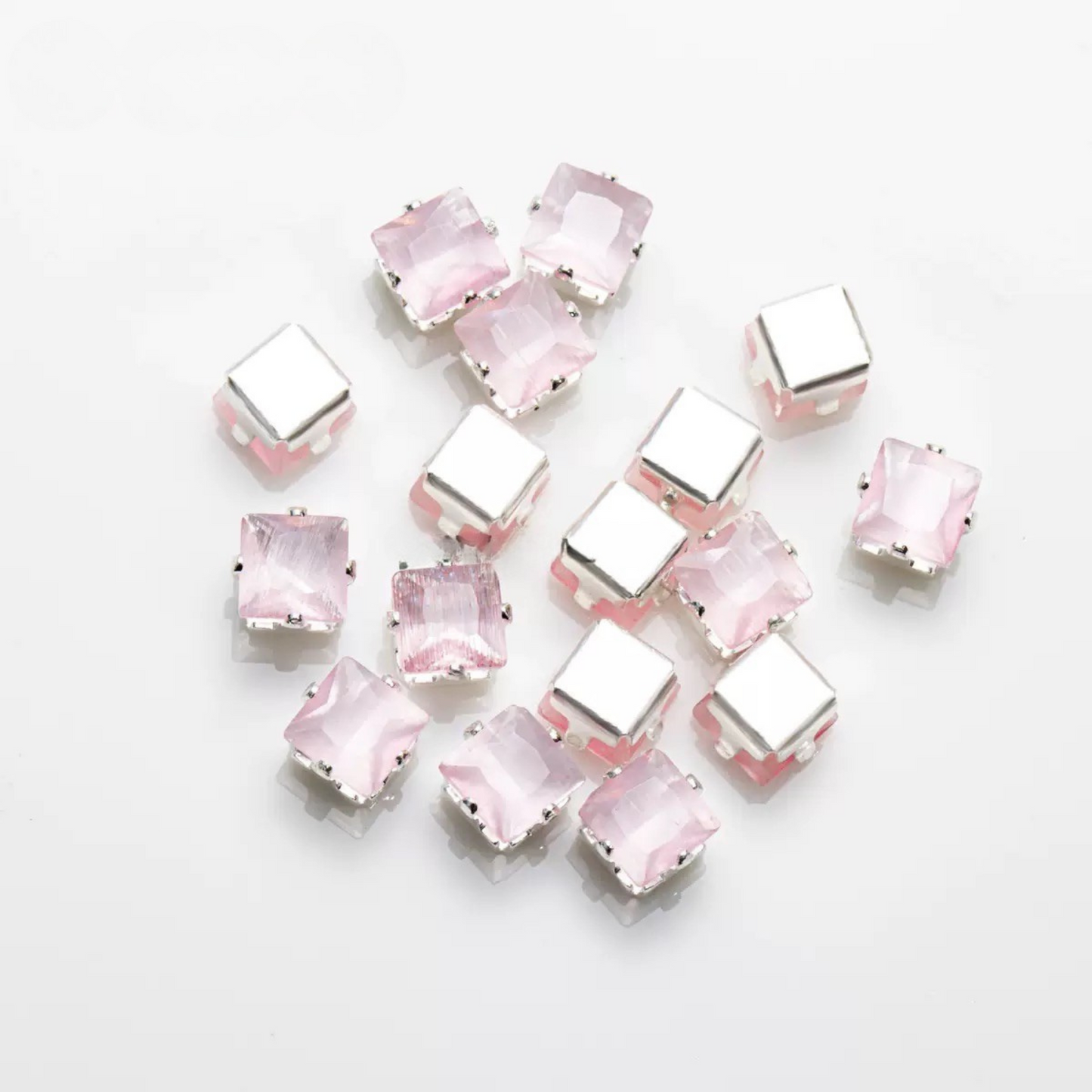 【C02】50pcs Aurora Cat’s Eye Square CZ Beads – 4×4 mm Silver-Plated Prong-Set, DIY Jewelry Supplies