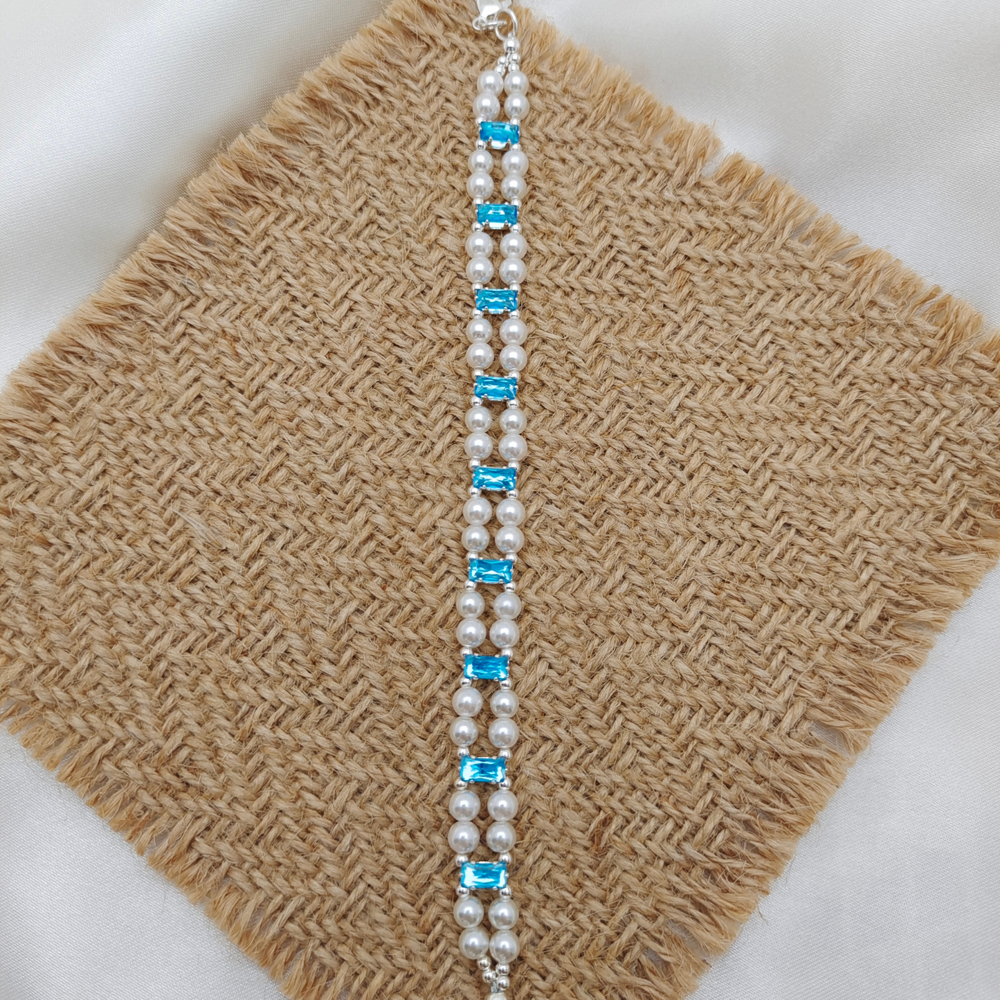 No.37 Celestial Pearl Link Handmade Bracelet | Aquamarine Zircon & Pearl | Finished Jewelry