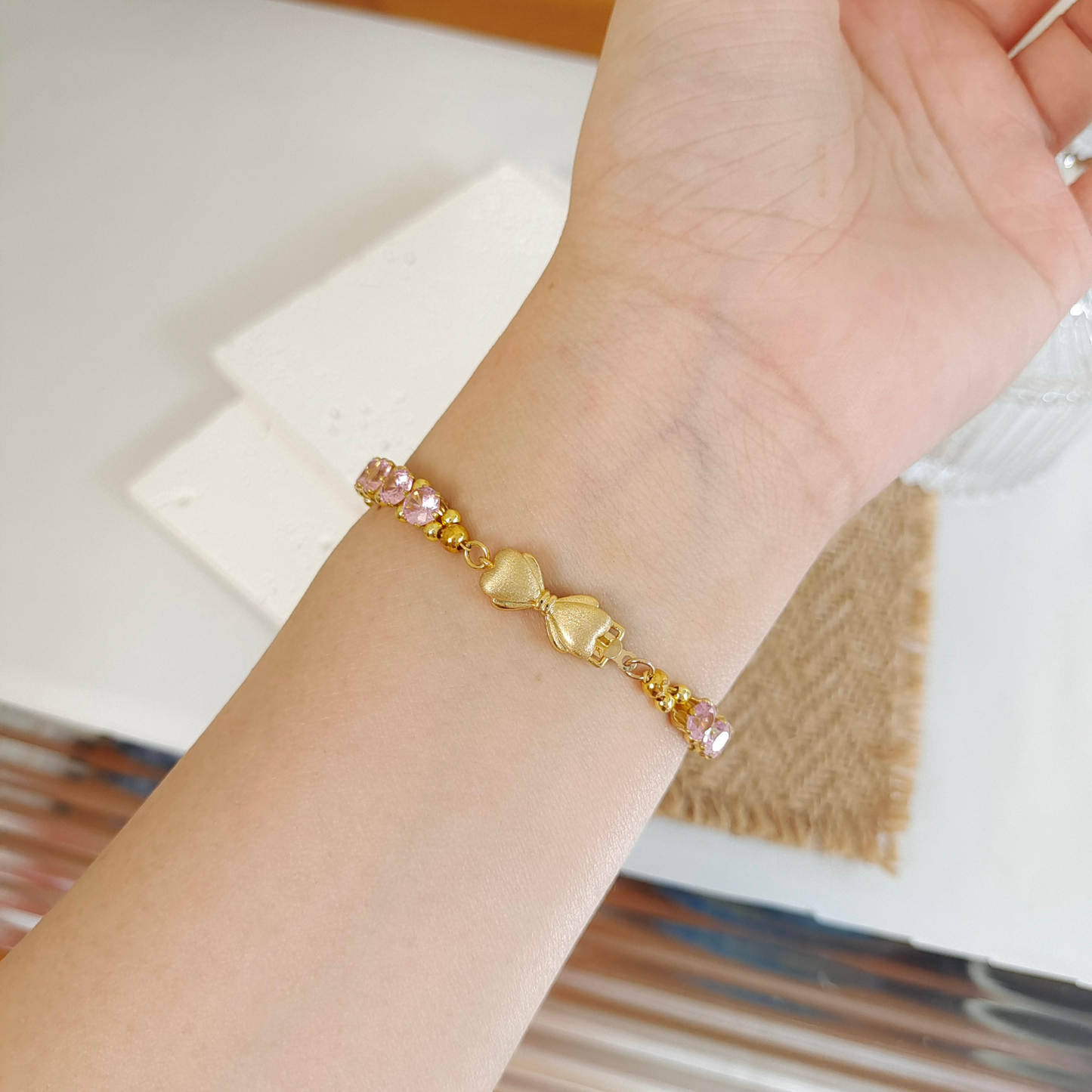 No.47 Lady Pink Handmade Bracelet with Pink Zircon and Pearl – Gold Finish