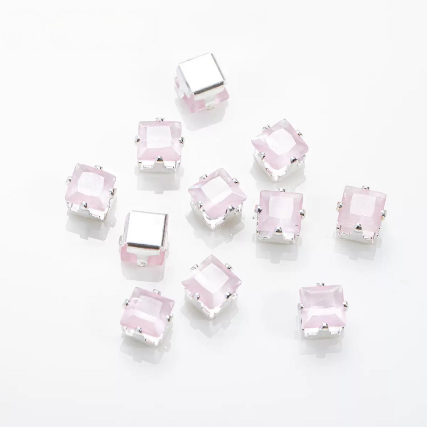 【C02】50pcs Aurora Cat’s Eye Square CZ Beads – 4×4 mm Silver-Plated Prong-Set, DIY Jewelry Supplies