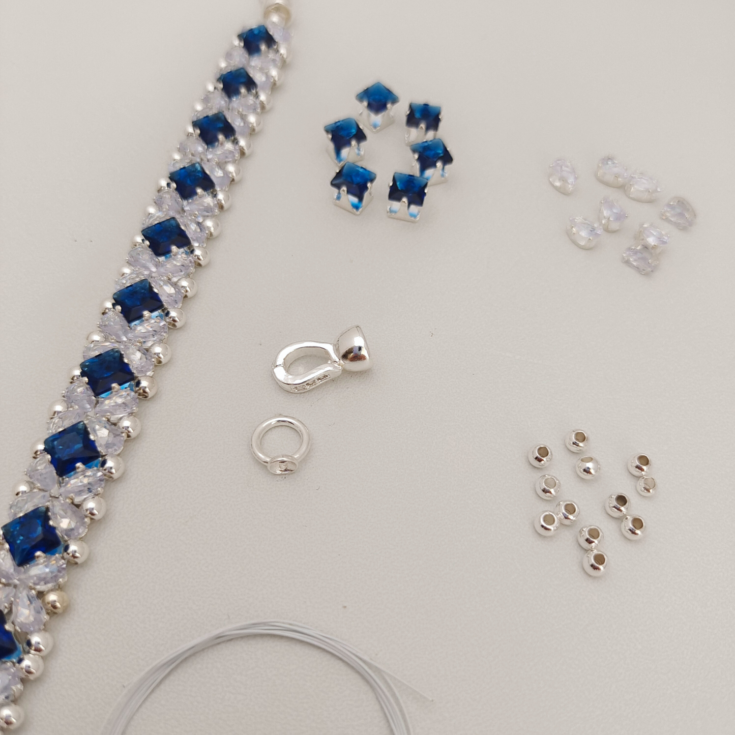 No.56 DIY Bracelet Kit – “Blue Danube” Square & Teardrop CZ Bead Set with Full Tutorial