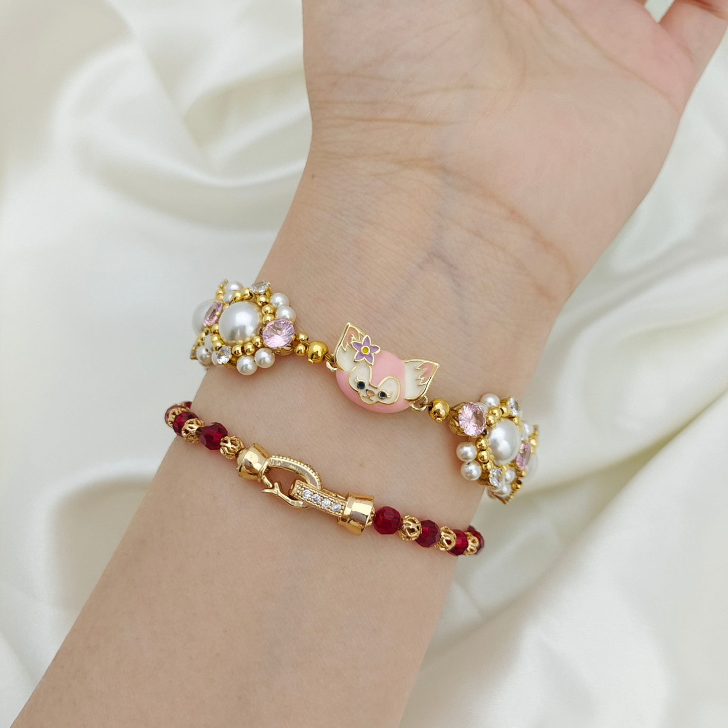 No.54 LinaBelle Inspired Premium Handmade Bracelet | Gold, Pink & Pearl | Finished Jewelry