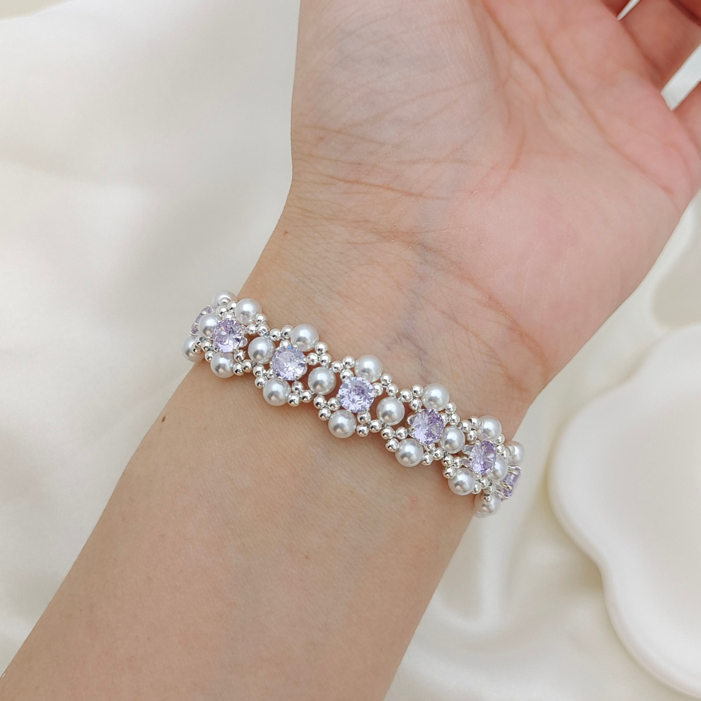 No.62 LilacPearl Handmade Bracelet – Purple CZ, Imitation Pearl, Silver Seed Beads