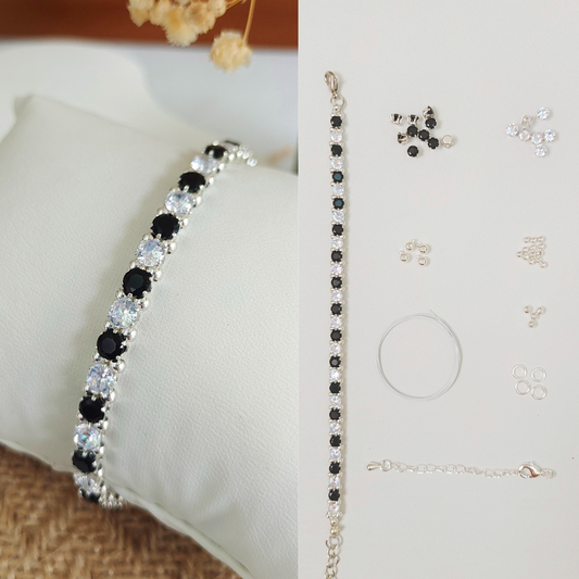 No.13 Classic Black & White DIY Bracelet Kit – 4mm CZ Beads, Silver Seed Beads, Complete Tutorial