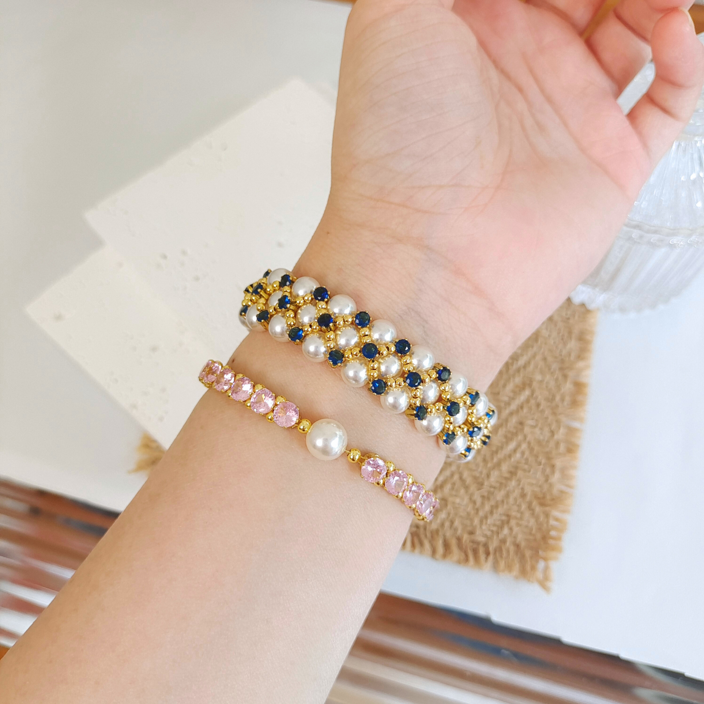 No.45 Handmade Beaded Bracelet – Blue Phantom Design with Pearl & Gold Accents