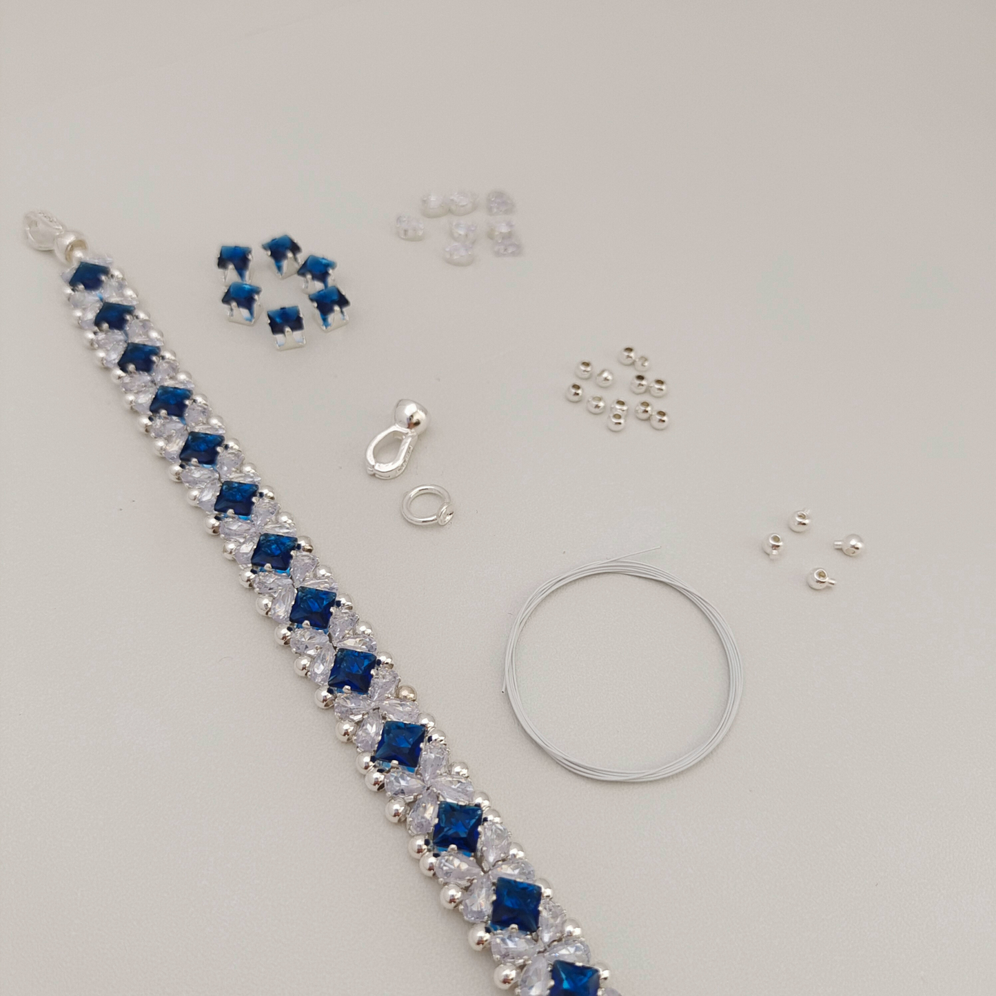 No.56 DIY Bracelet Kit – “Blue Danube” Square & Teardrop CZ Bead Set with Full Tutorial