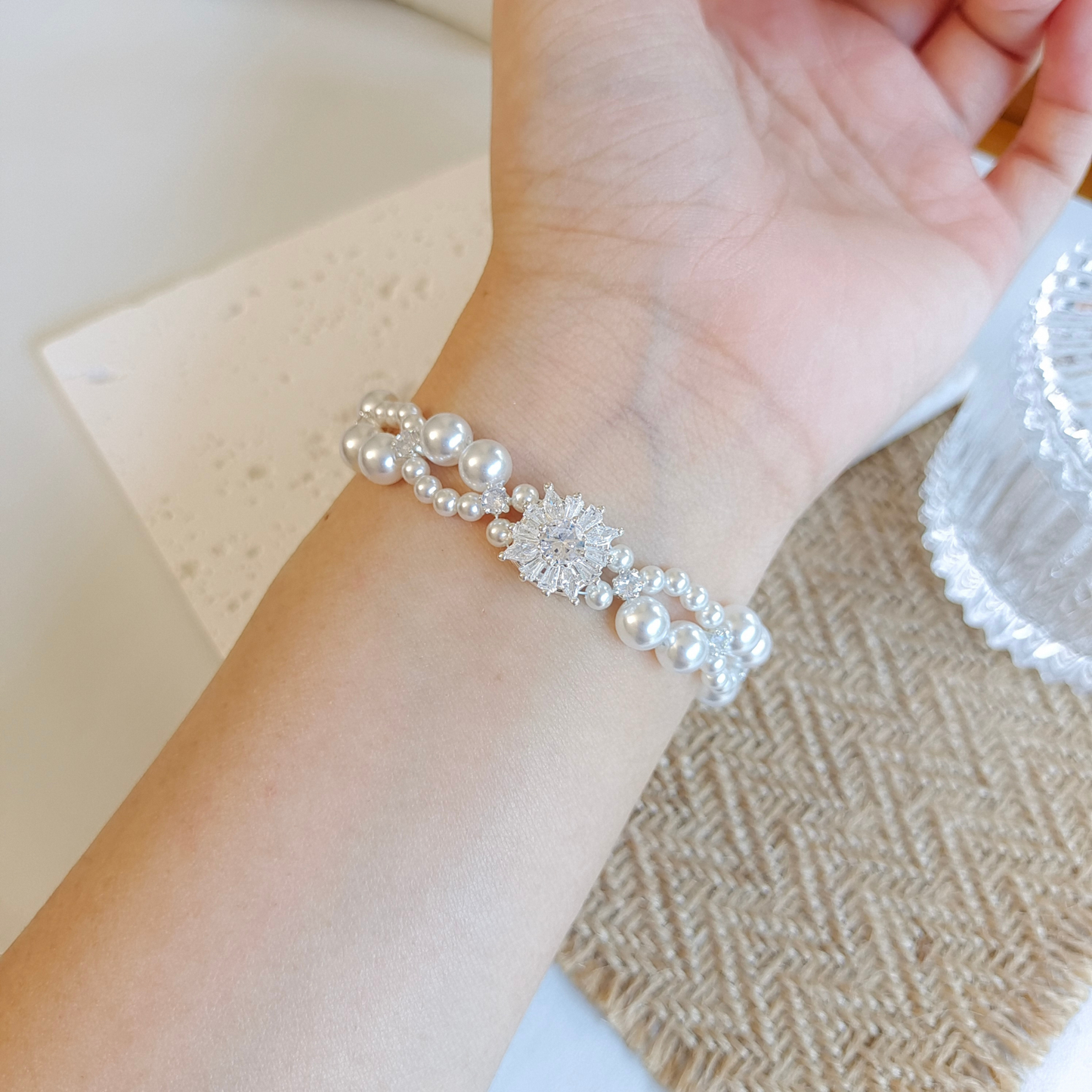 No.48 Dream Wedding Handmade Pearl & Zircon Bridal Bracelet – Elegant White