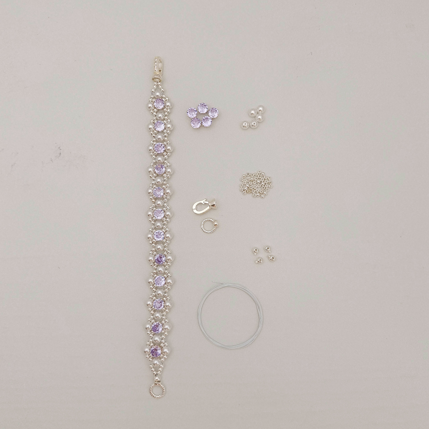 No.62 LilacPearl DIY Bracelet Kit – Purple CZ, Pearl & Silver Seed Beads, Complete Tutorial Included