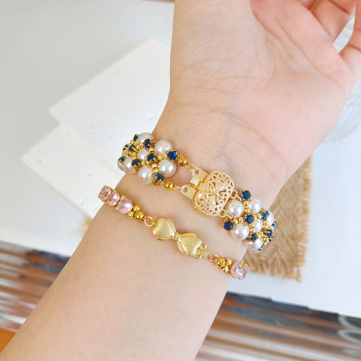 No.45 Handmade Beaded Bracelet – Blue Phantom Design with Pearl & Gold Accents