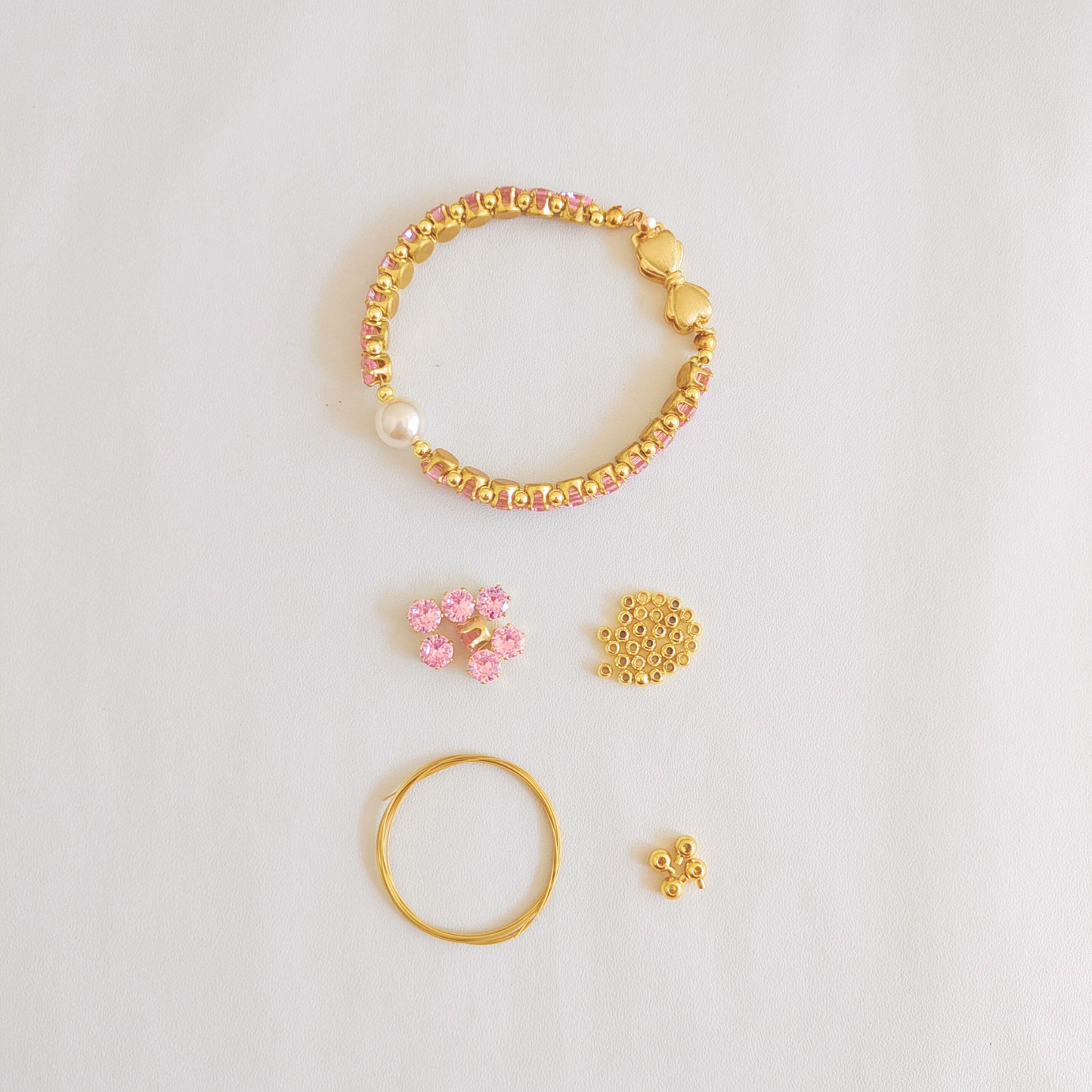 No.15 Lady Pink DIY Bracelet Kit with Pink Zircon and Pearl – Gold Bow Clasp