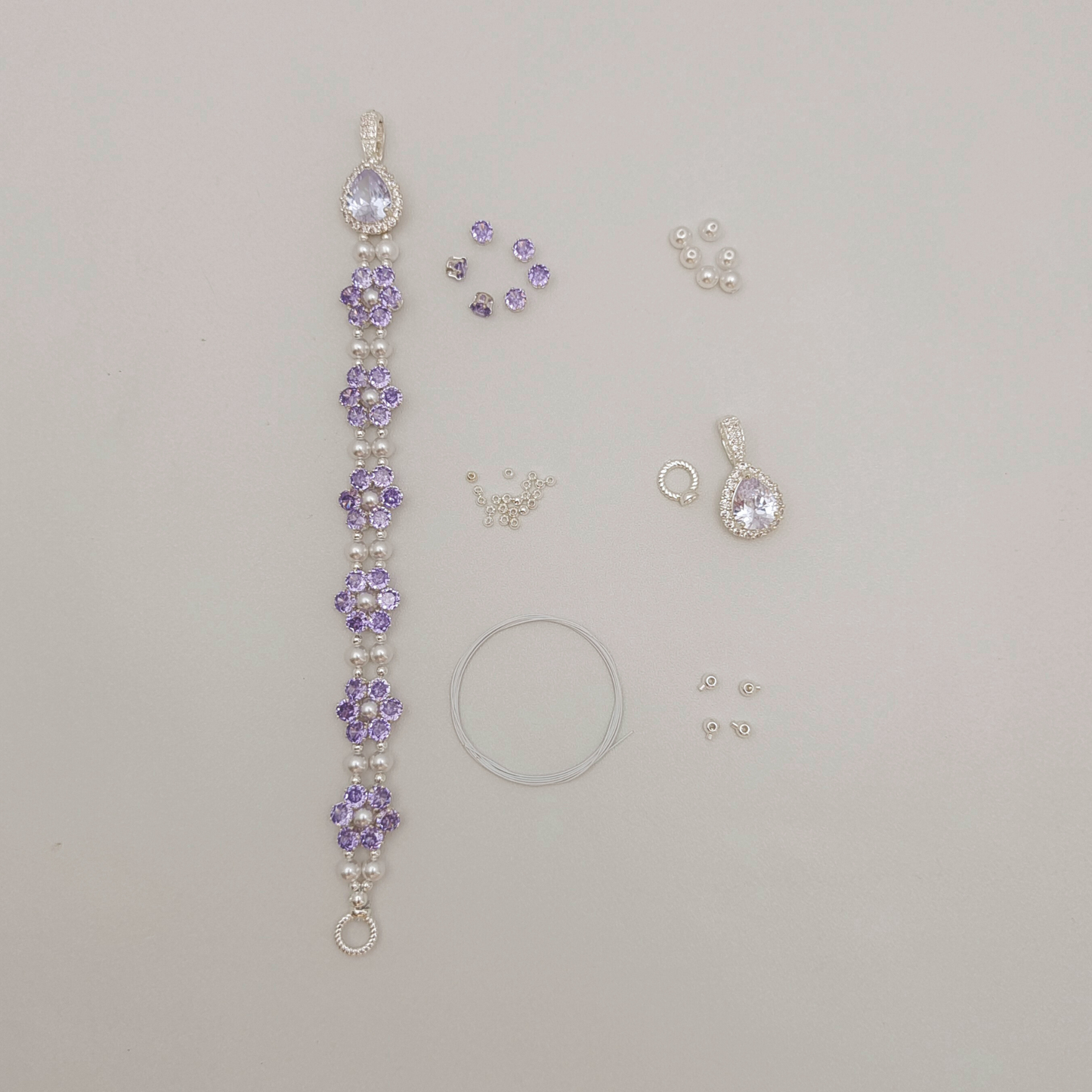 No.59 Purple Daisy DIY Bracelet Kit – Purple CZ, Pearls, Drop Clasp & Full Tutorial