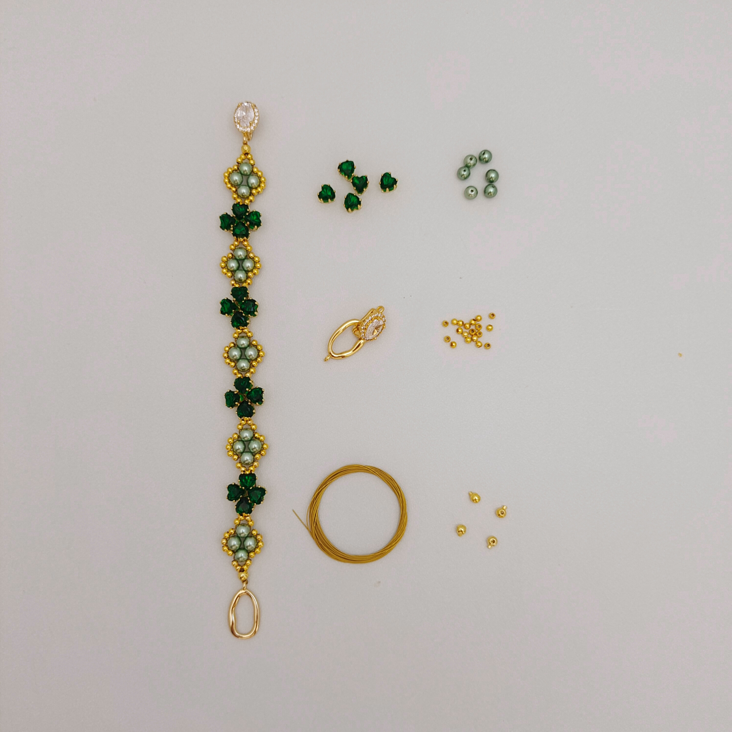 No.52 Clover DIY Bracelet Kit – Heart CZ Beads, Pearls, Oval Clasp & Complete Tutorial