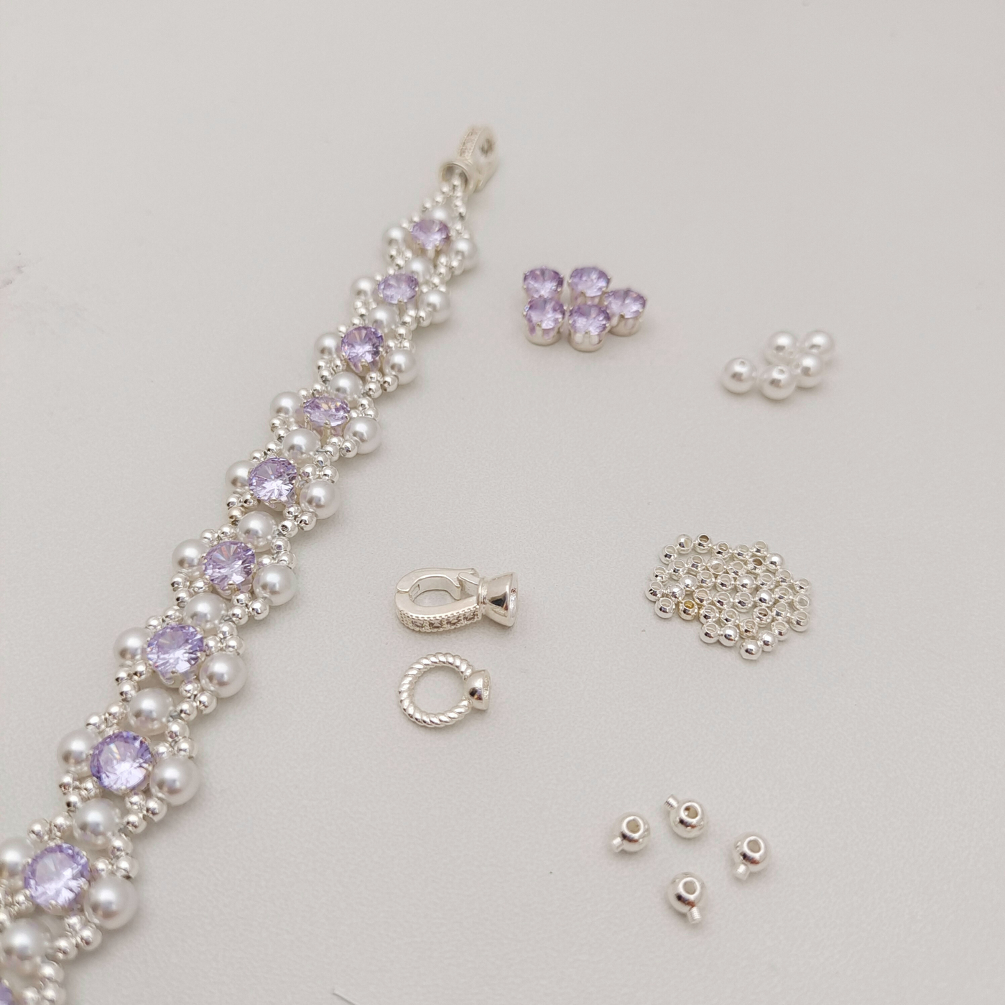 No.62 LilacPearl DIY Bracelet Kit – Purple CZ, Pearl & Silver Seed Beads, Complete Tutorial Included