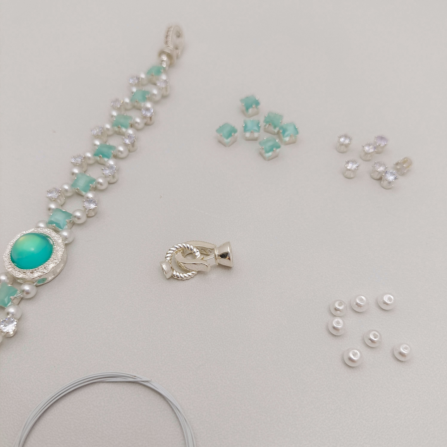 No.55 Persian Cat DIY Bracelet Kit – Cat’s Eye Square CZ, White Zircon, Pearls & Tutorial Included