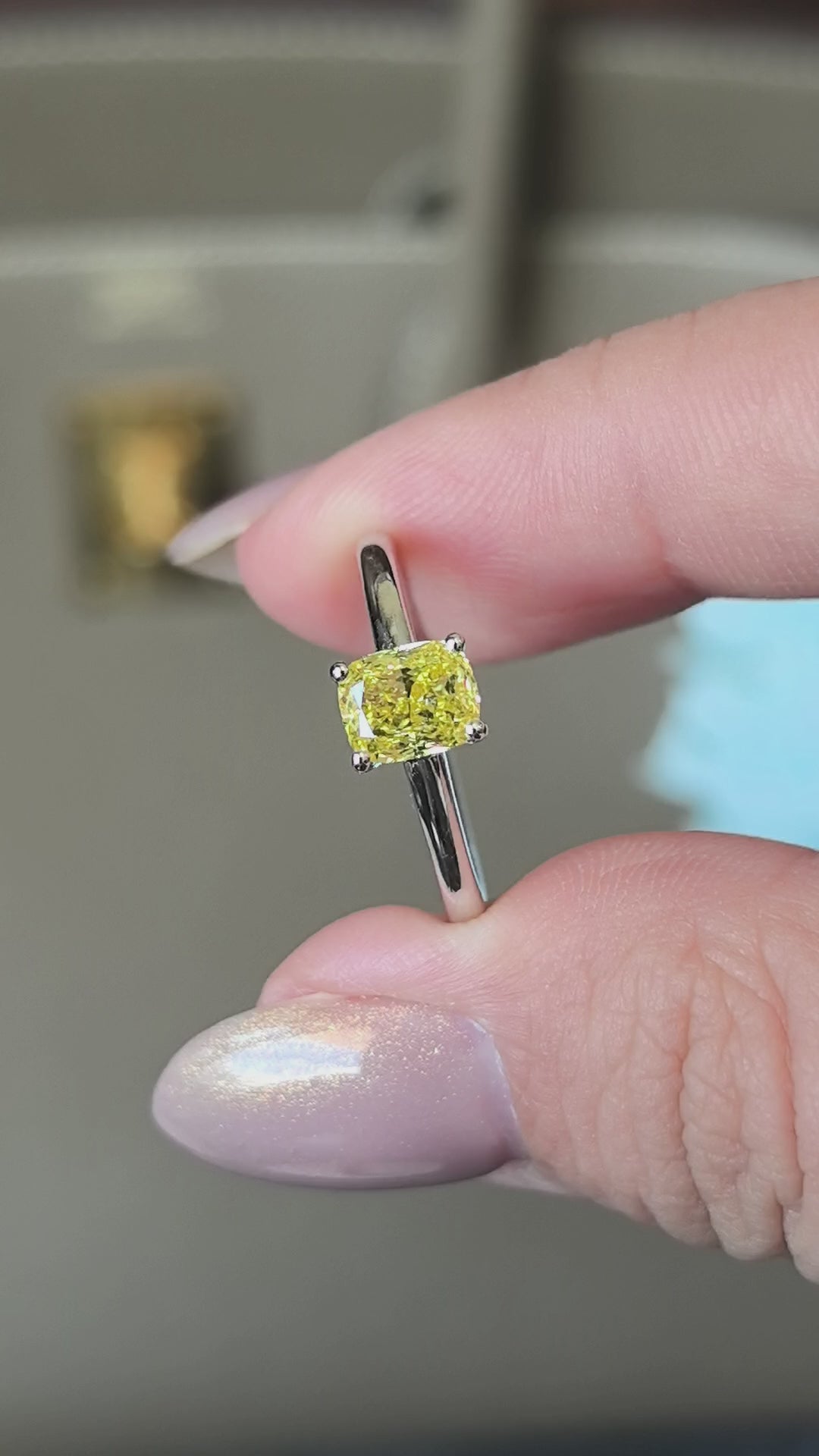0.9ct 2.3g Cushion Cut Vivid Yellow Lab Diamond Solitaire Ring | Plain Band