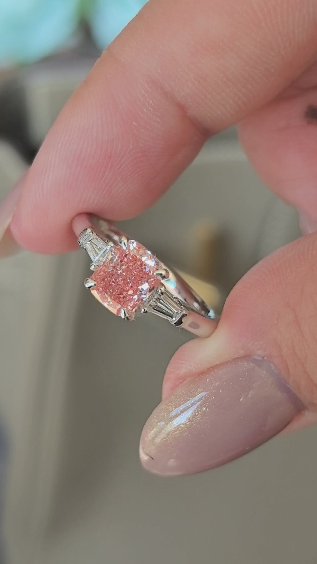 1.2ct 3.7g Radiant Cut Pink Lab Diamond Three-Stone Ring | Baguette Side Stones
