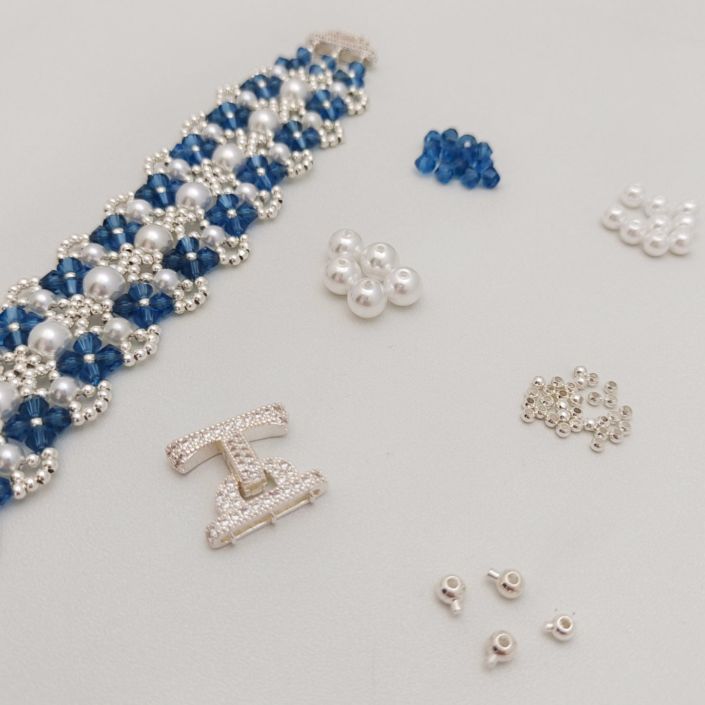No.54 DIY Bracelet Kit – “French Lace” Beaded Pearl & Crystal Bracelet with 3-Row Clasp