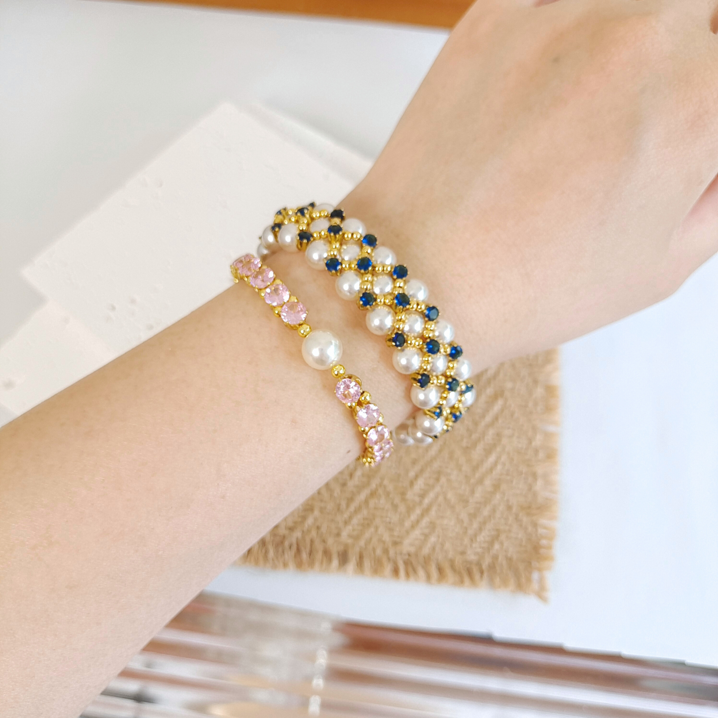 No.45 Handmade Beaded Bracelet – Blue Phantom Design with Pearl & Gold Accents