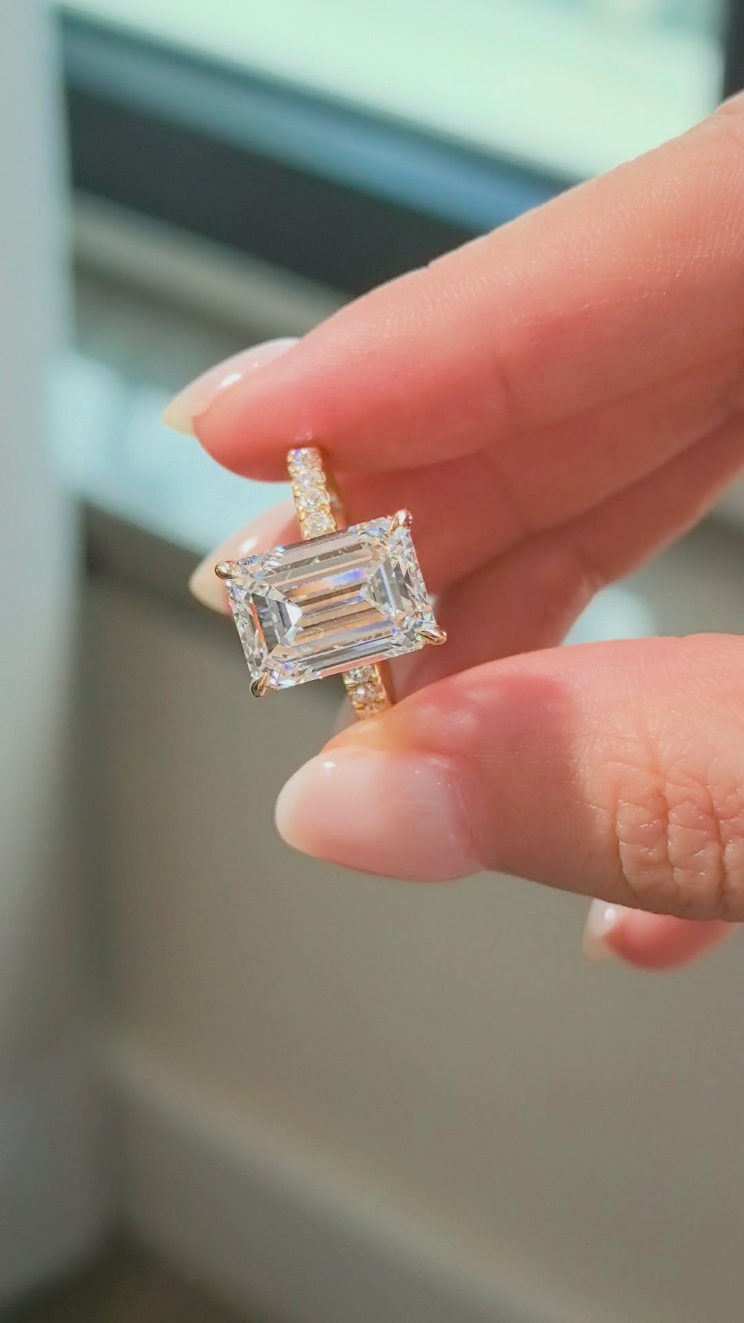 Emerald Cut Lab Grown Diamond Ring | Half Eternity Band & Hidden Halo