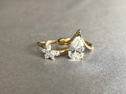 Pear Cut Diamond Ring with Floral Nest Band | Matching Set