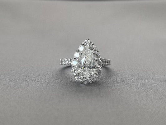 Pear Cut Lab Grown Diamond Ring | Full Halo & 2/3 Pavé Band