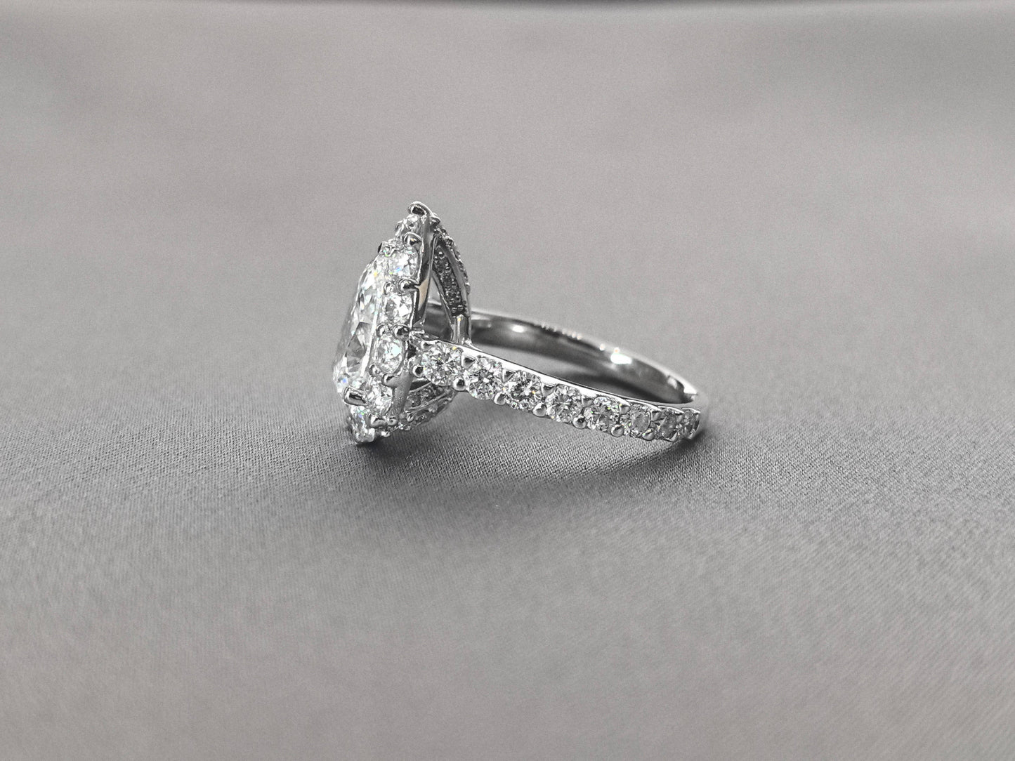 Pear Cut Lab Grown Diamond Ring | Full Halo & 2/3 Pavé Band