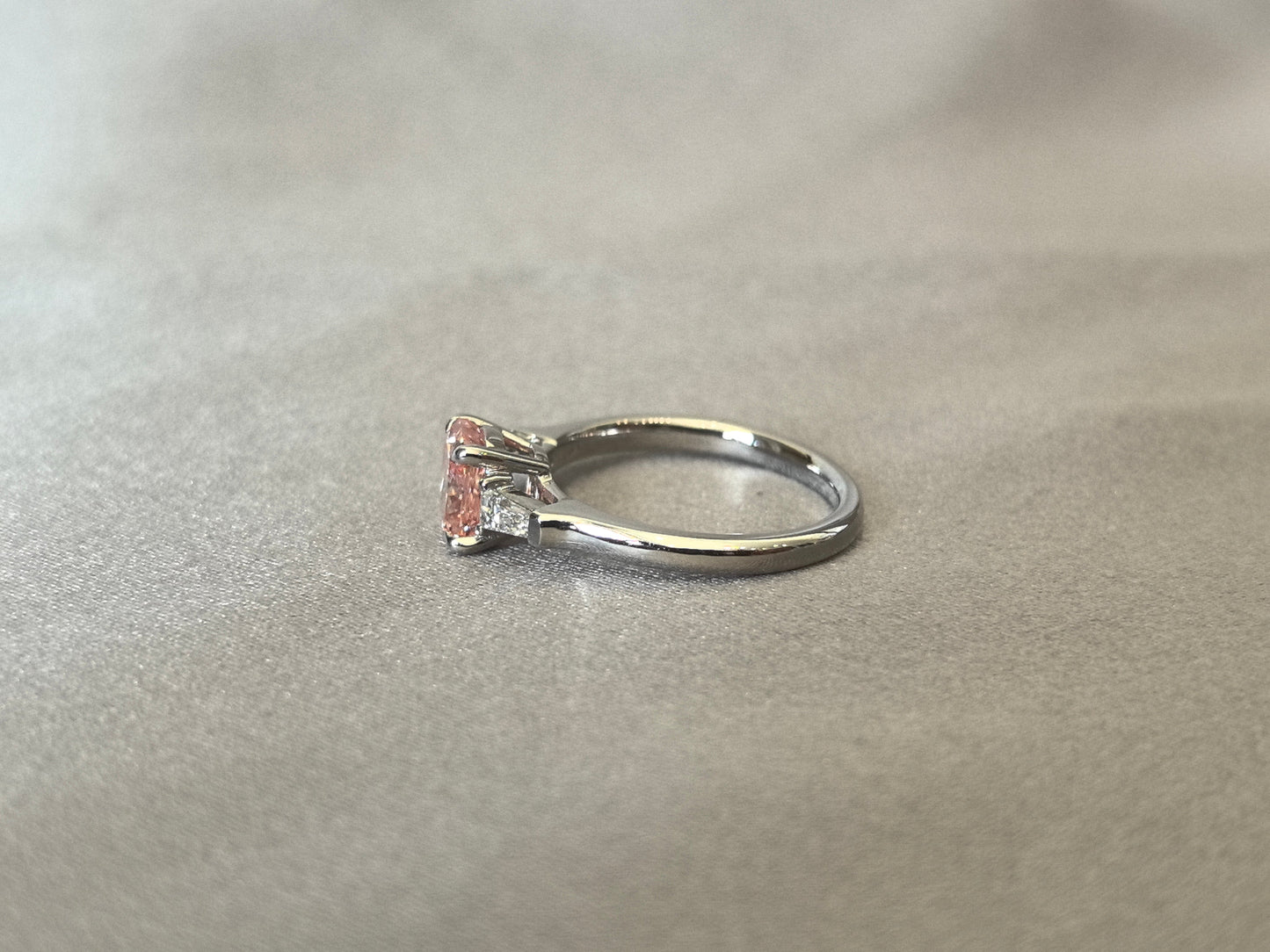 1.2ct 3.7g Radiant Cut Pink Lab Diamond Three-Stone Ring | Baguette Side Stones