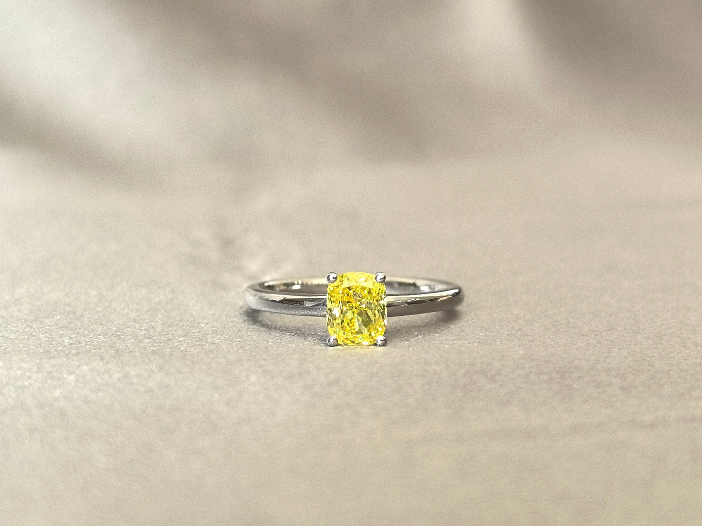 0.9ct 2.3g Cushion Cut Vivid Yellow Lab Diamond Solitaire Ring | Plain Band