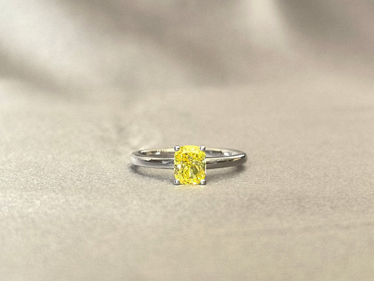 0.9ct 2.3g Cushion Cut Vivid Yellow Lab Diamond Solitaire Ring | Plain Band