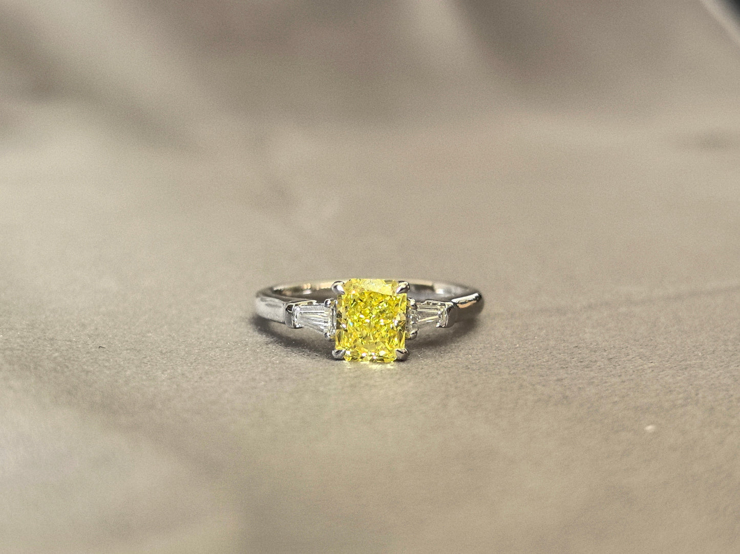 1.24ct 3.5g Cushion Vivid Yellow Lab Diamond Three-Stone Ring | Baguette Side Stones