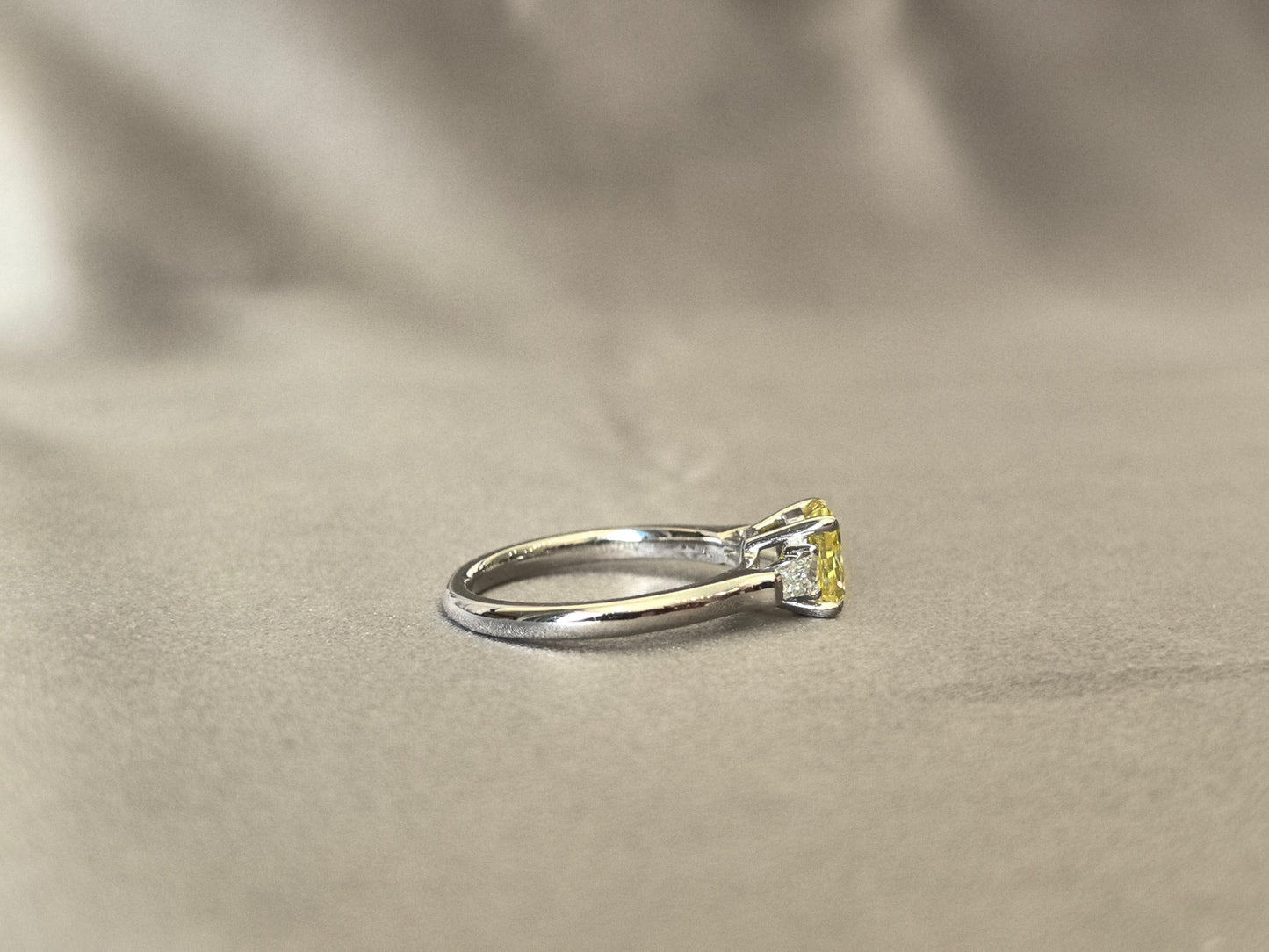 1.24ct 3.5g Cushion Vivid Yellow Lab Diamond Three-Stone Ring | Baguette Side Stones