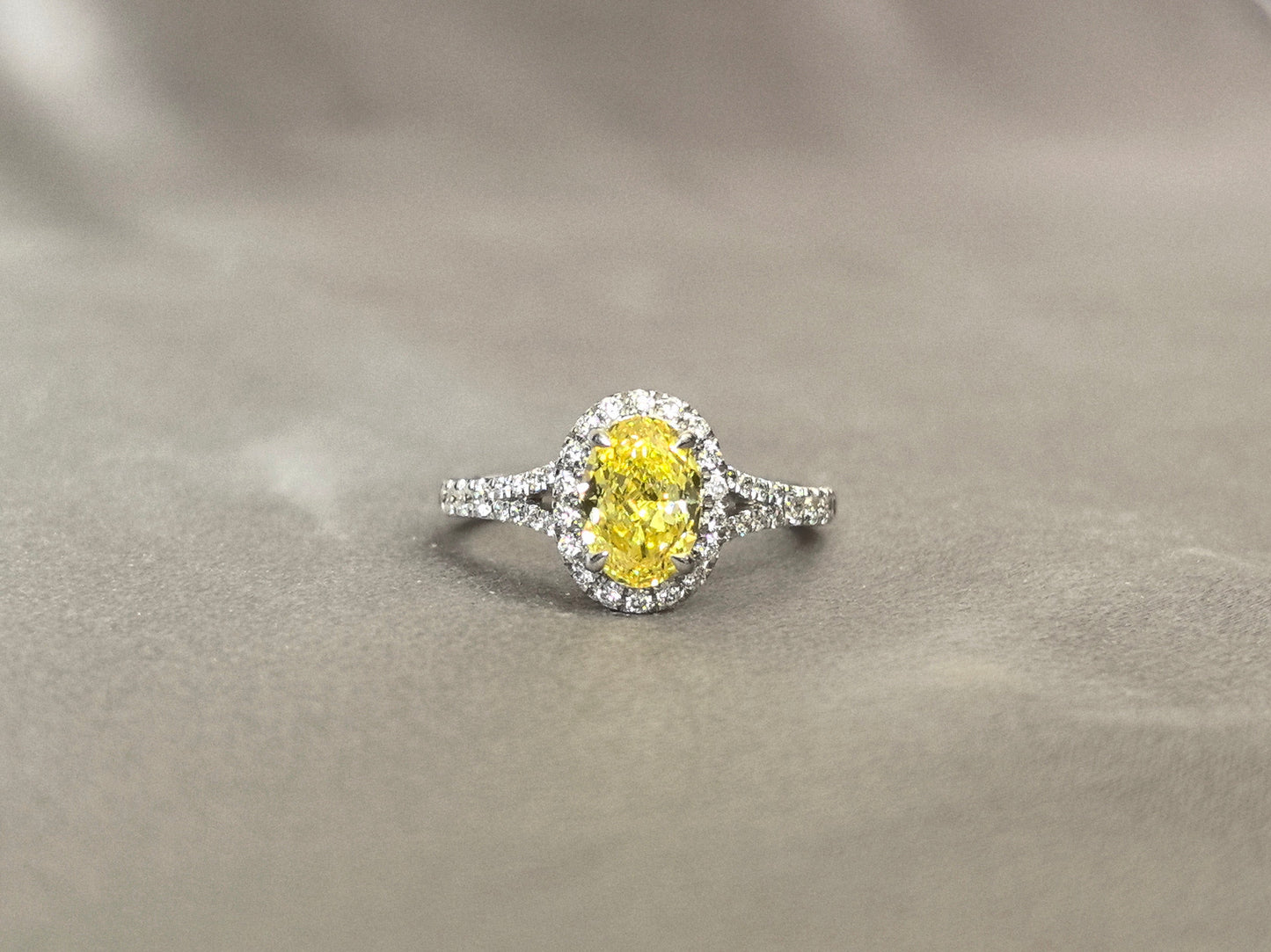 1.2ct 3.7g Yellow Lab Diamond Halo Ring | Split Shank Design | Half Pavé Band