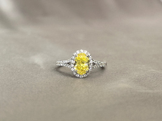 1.2ct 3.7g Yellow Lab Diamond Halo Ring | Split Shank Design | Half Pavé Band