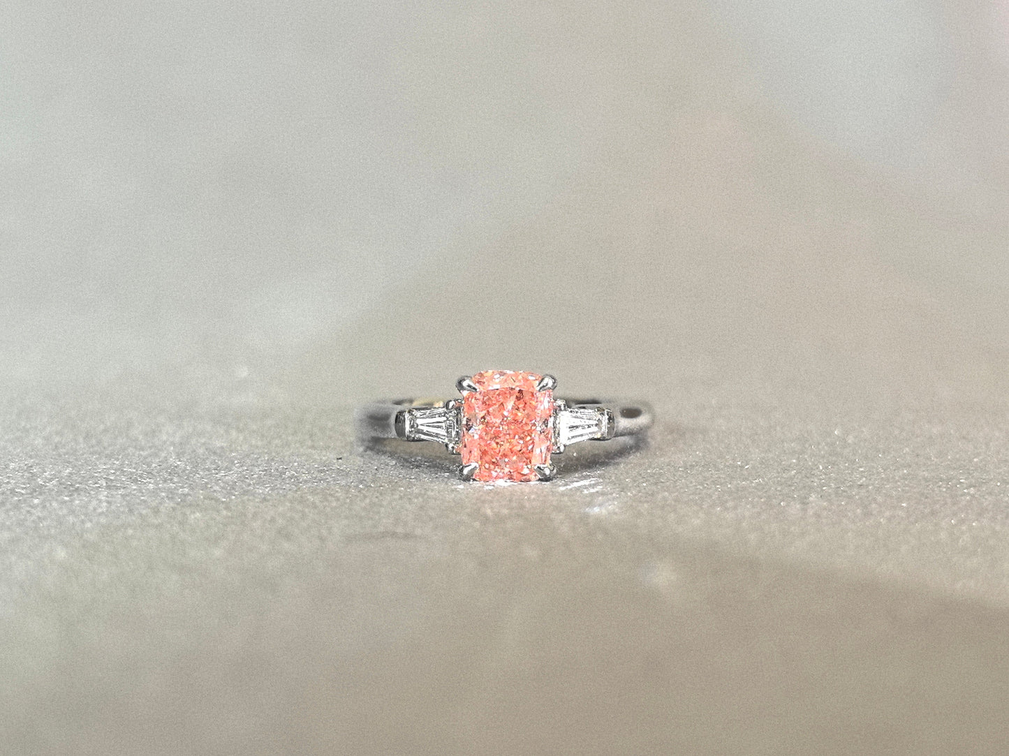 1.2ct 3.7g Radiant Cut Pink Lab Diamond Three-Stone Ring | Baguette Side Stones