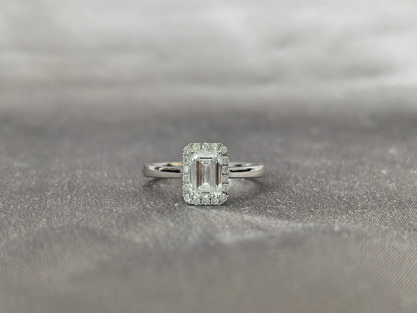 Emerald Cut Lab Grown Diamond Solitaire Ring with Halo| Simple Plain Band