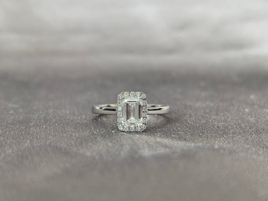 Emerald Cut Lab Grown Diamond Solitaire Ring with Halo| Simple Plain Band