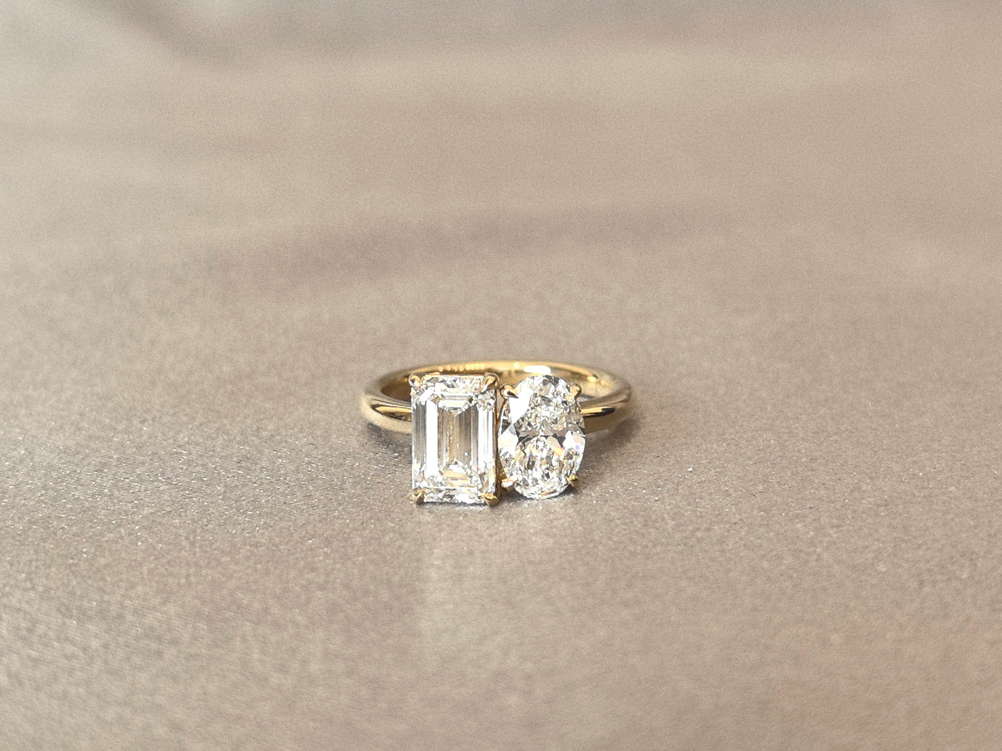 Oval & Emerald Cut Two-Stone Ring | Customizable Lab Gemstones | 14K Gold | Personalized Birthstone Design