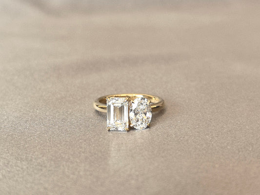 Oval & Emerald Cut Two-Stone Ring | Customizable Lab Gemstones | 14K Gold | Personalized Birthstone Design