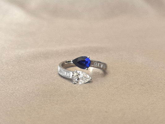 Twisted Band Two-Stone Ring | Pear Lab Diamond & Lab Gemstone | Customizable Birthstones | 14K Gold