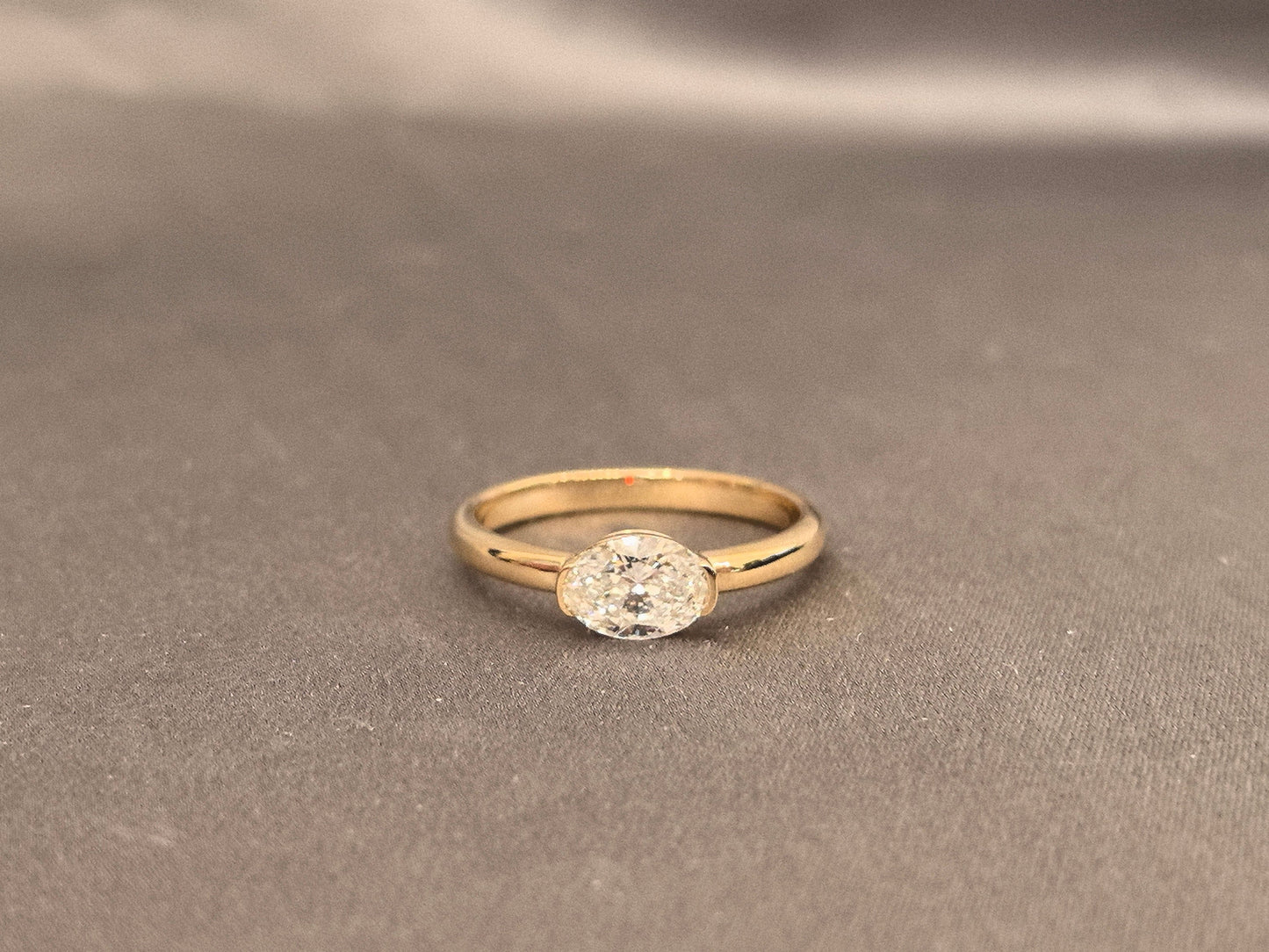 East-West Oval Lab Diamond Pinky Ring | Plain Band | 14K Gold | Modern Minimalist